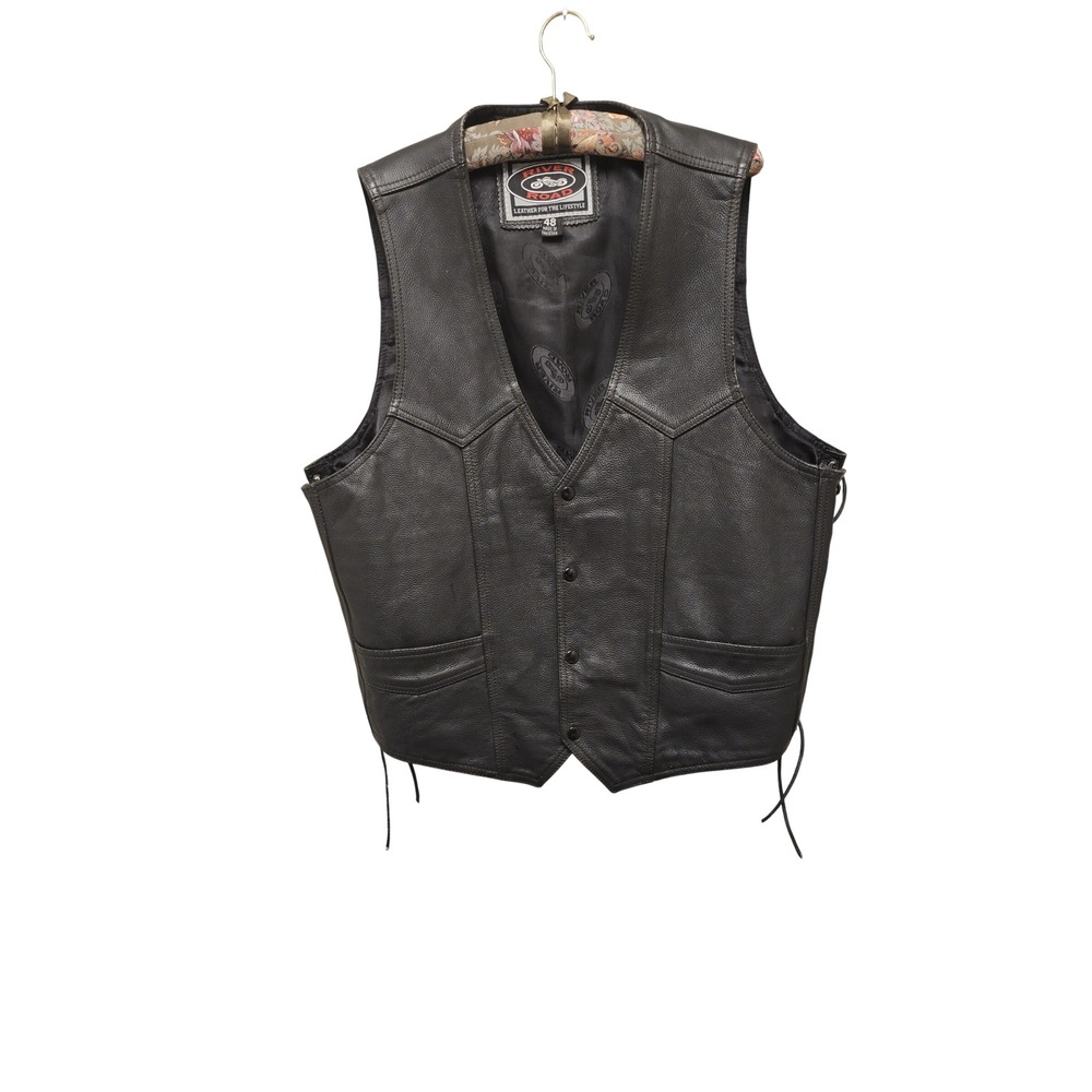 Motorcycle Biker River Road Mens Black Leather Vest Side Lace Snap Front Size 48